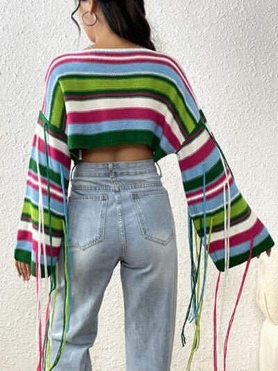 Fringe Striped Round Neck Knit Top - Stormyjay