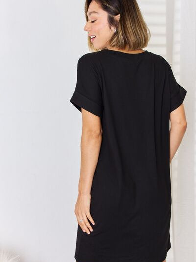 Zenana Full Size Rolled Short Sleeve V-Neck Dress - Stormyjay