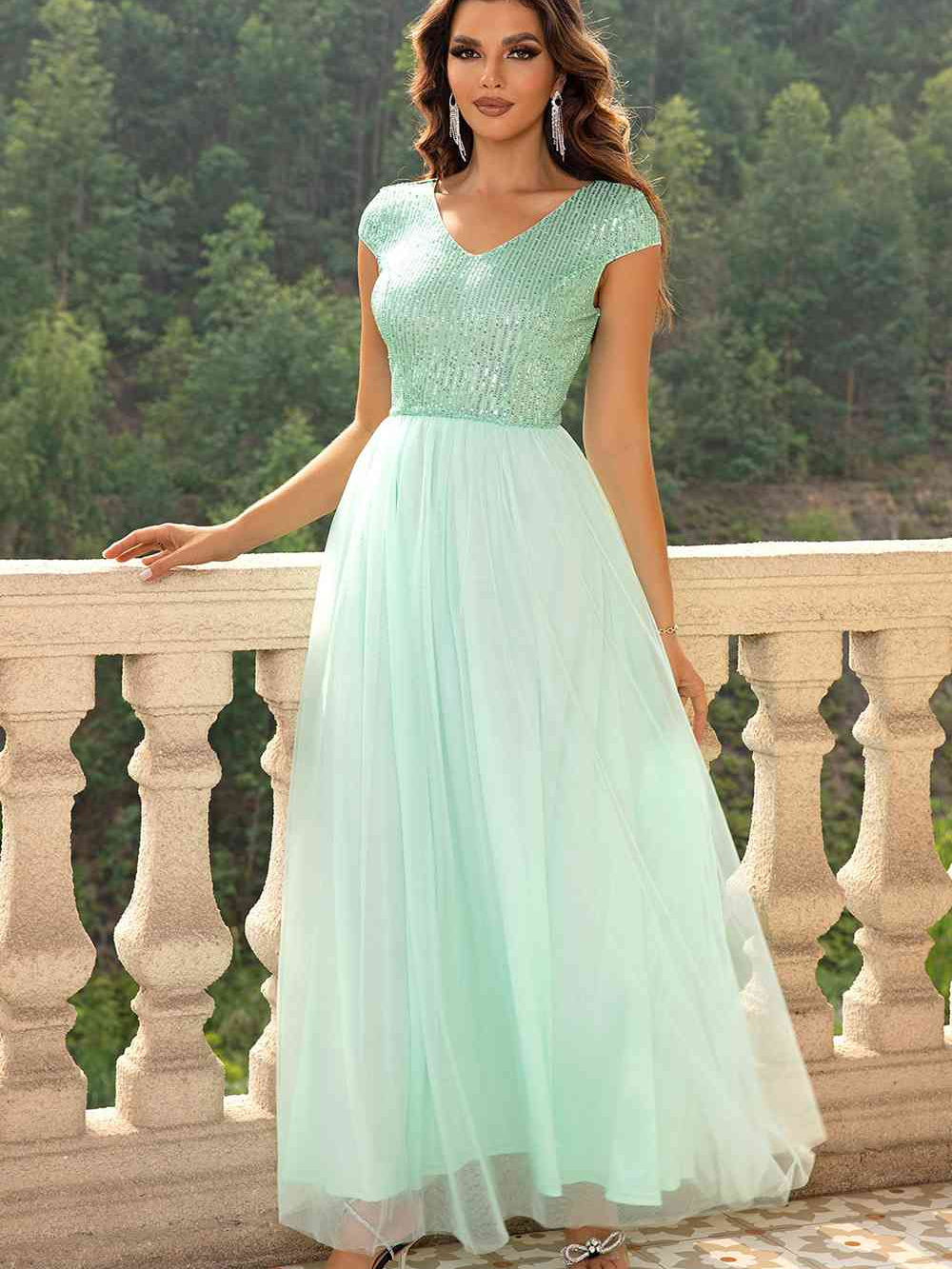 Sequin V-Neck Mesh Maxi Dress