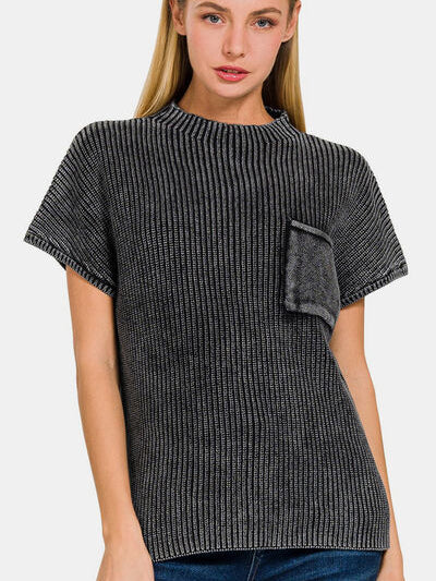 Zenana Pocketed Mock Neck Short Sleeve Sweater - Stormyjay