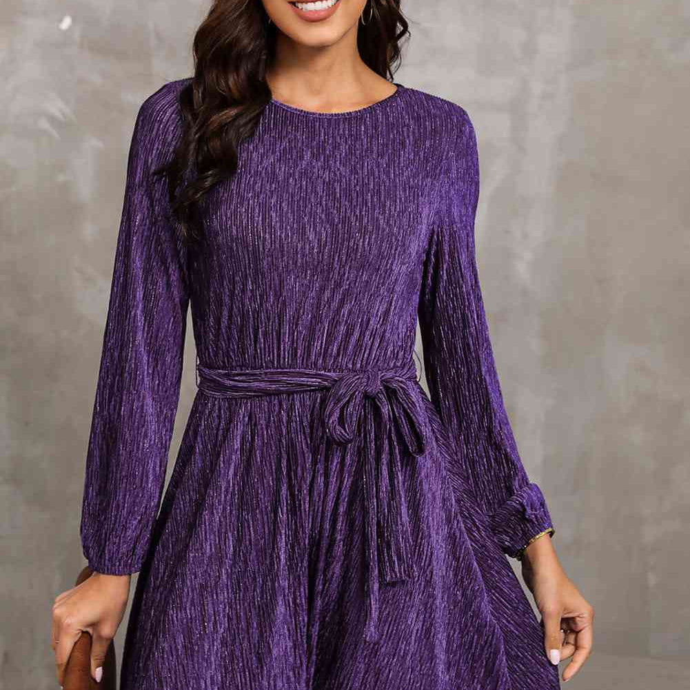 Round Neck Tie Front Long Sleeve Dress