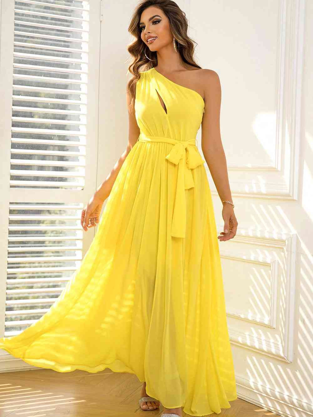 Cutout One-Shoulder Tie Waist Dress