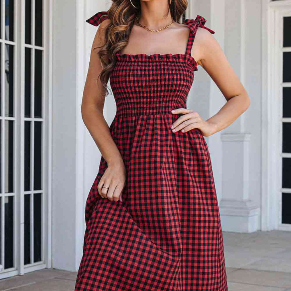 Plaid Frill Trim Tie Shoulder Dress - Stormyjay
