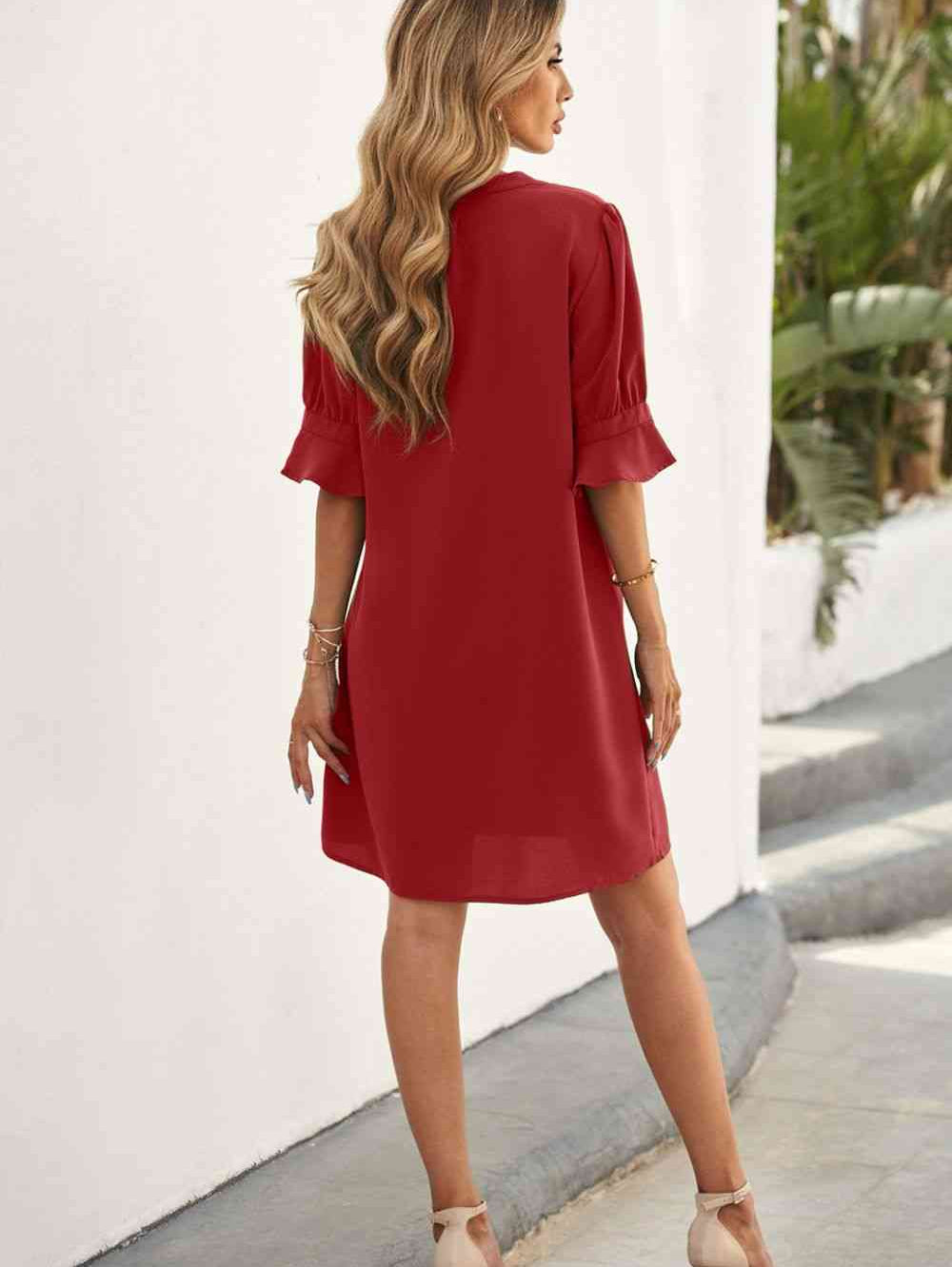 Puff Sleeve Notched Mini Shift Dress - Stormyjay