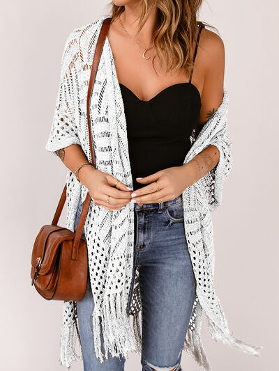 Openwork Open Front Cardigan with Fringes - Stormyjay