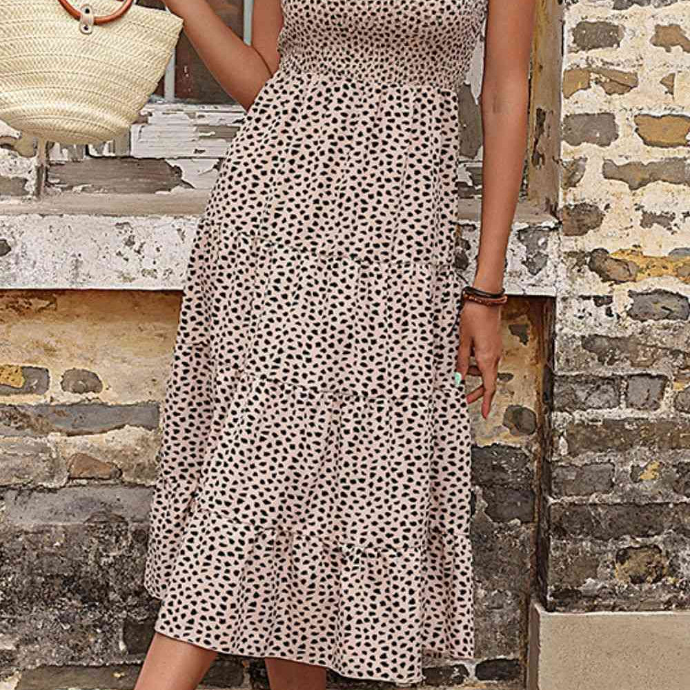 Leopard Print Smocked Tie Shoulder Dress - Stormyjay
