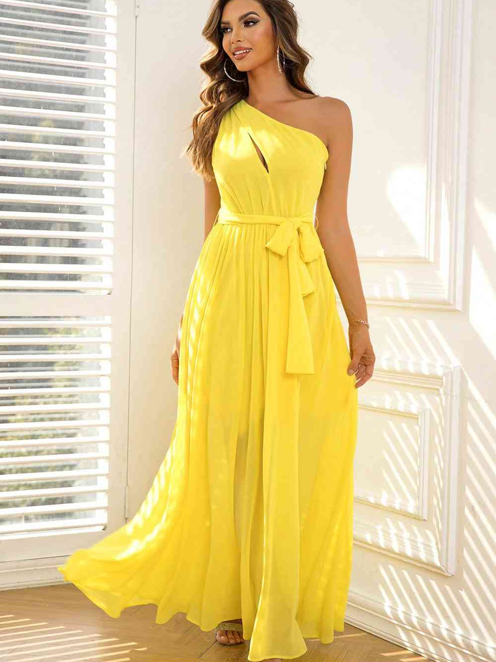 Cutout One-Shoulder Tie Waist Dress