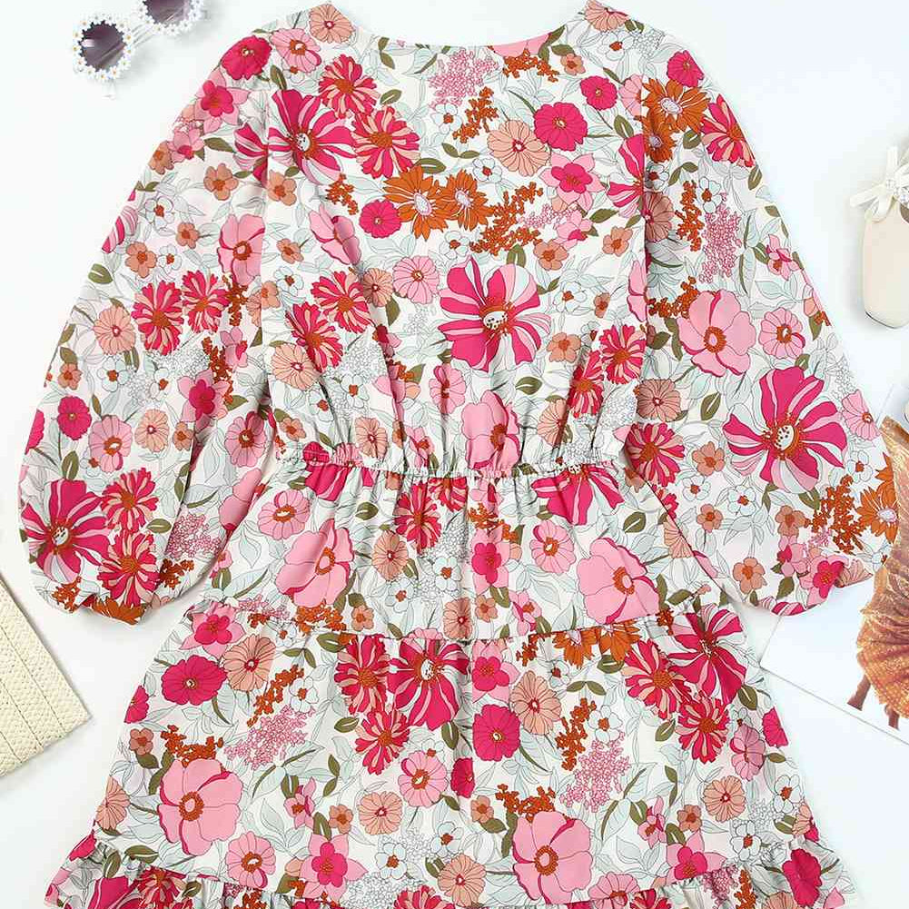 Floral Balloon Sleeve Ruffle Hem Dress - Stormyjay