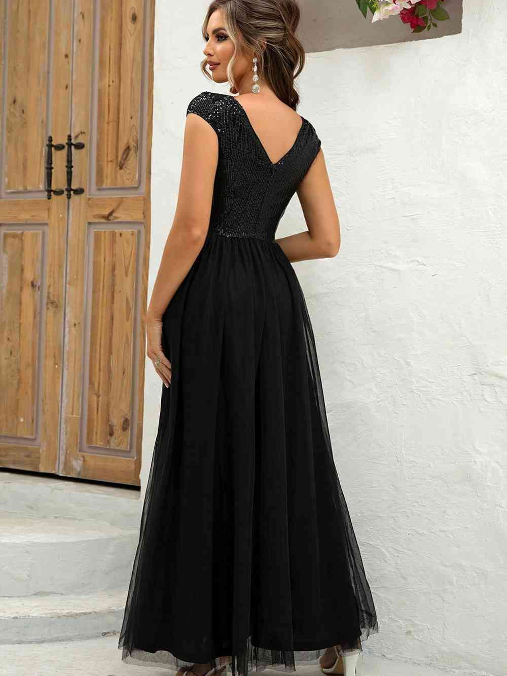 Sequin V-Neck Mesh Maxi Dress