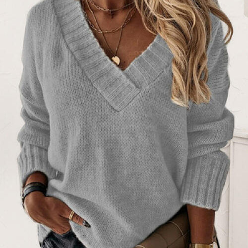 V-Neck Long Sleeve Knit Top
