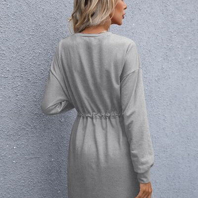 Drawstring Round Neck Dropped Shoulder Mini Dress - Stormyjay