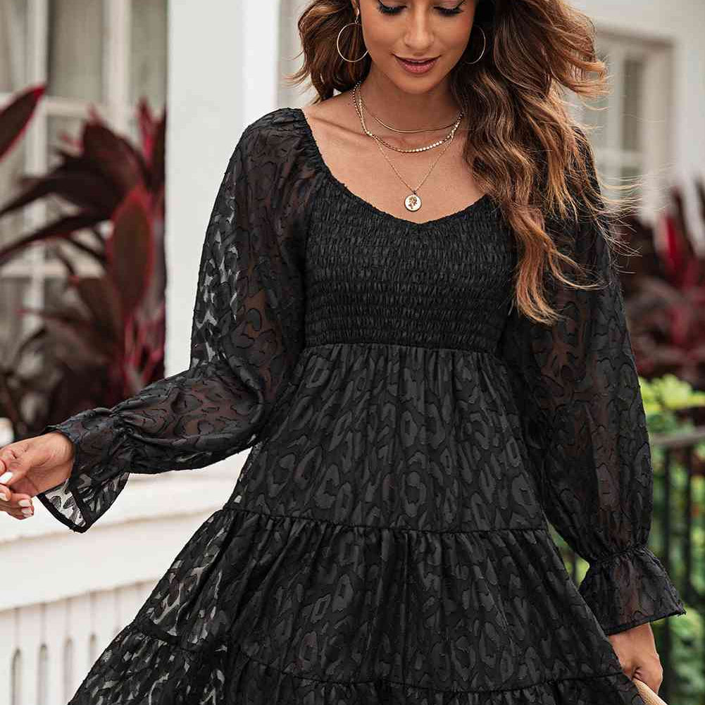 Leopard Applique Flounce Sleeve Smocked Tiered Dress - Stormyjay