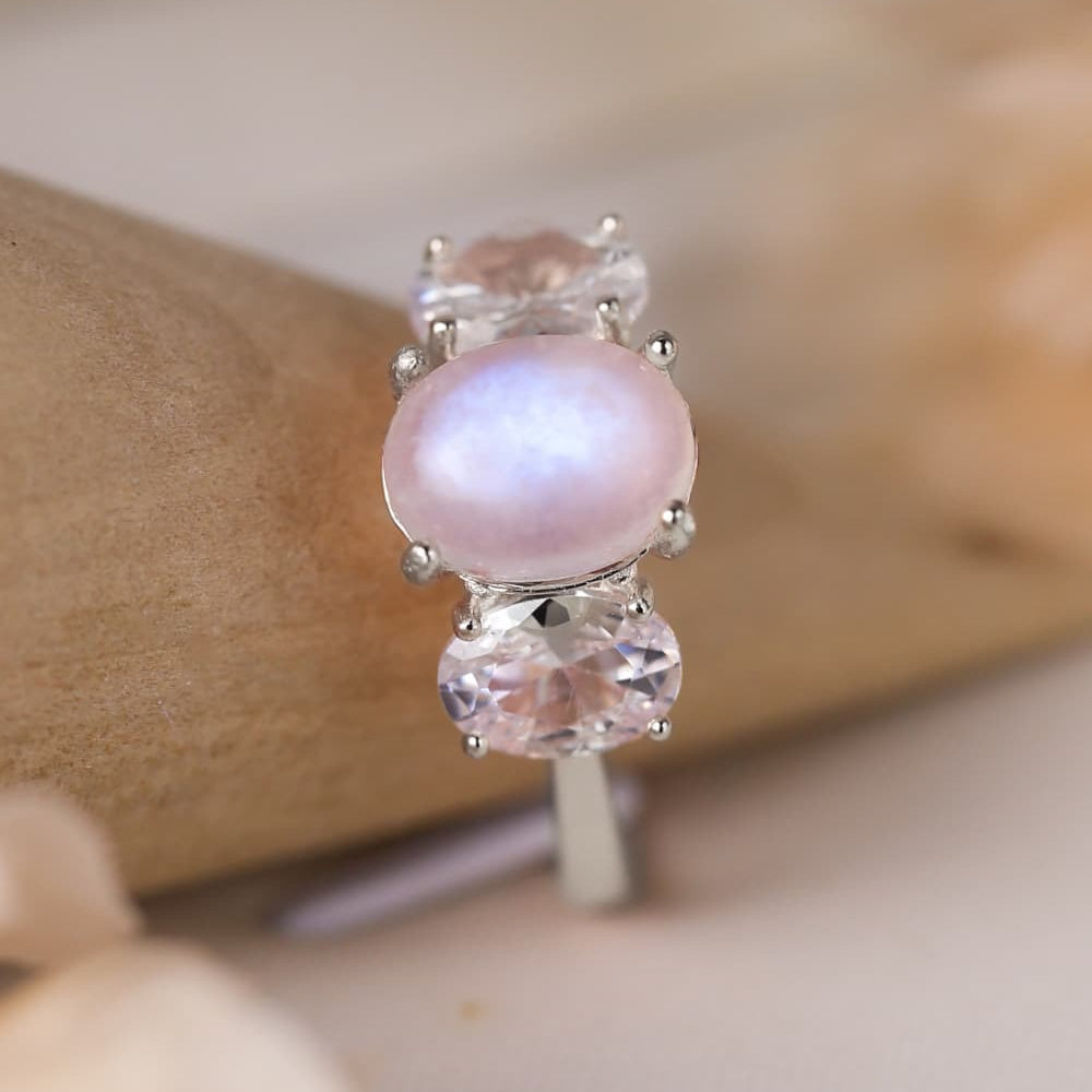 High Quality Natural Moonstone 925 Sterling Silver Three Stone Ring - Stormyjay