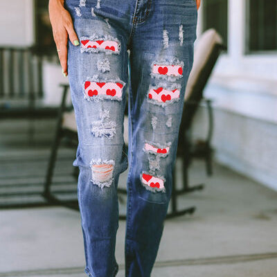 Heart Distressed Raw Hem Straight Jeans