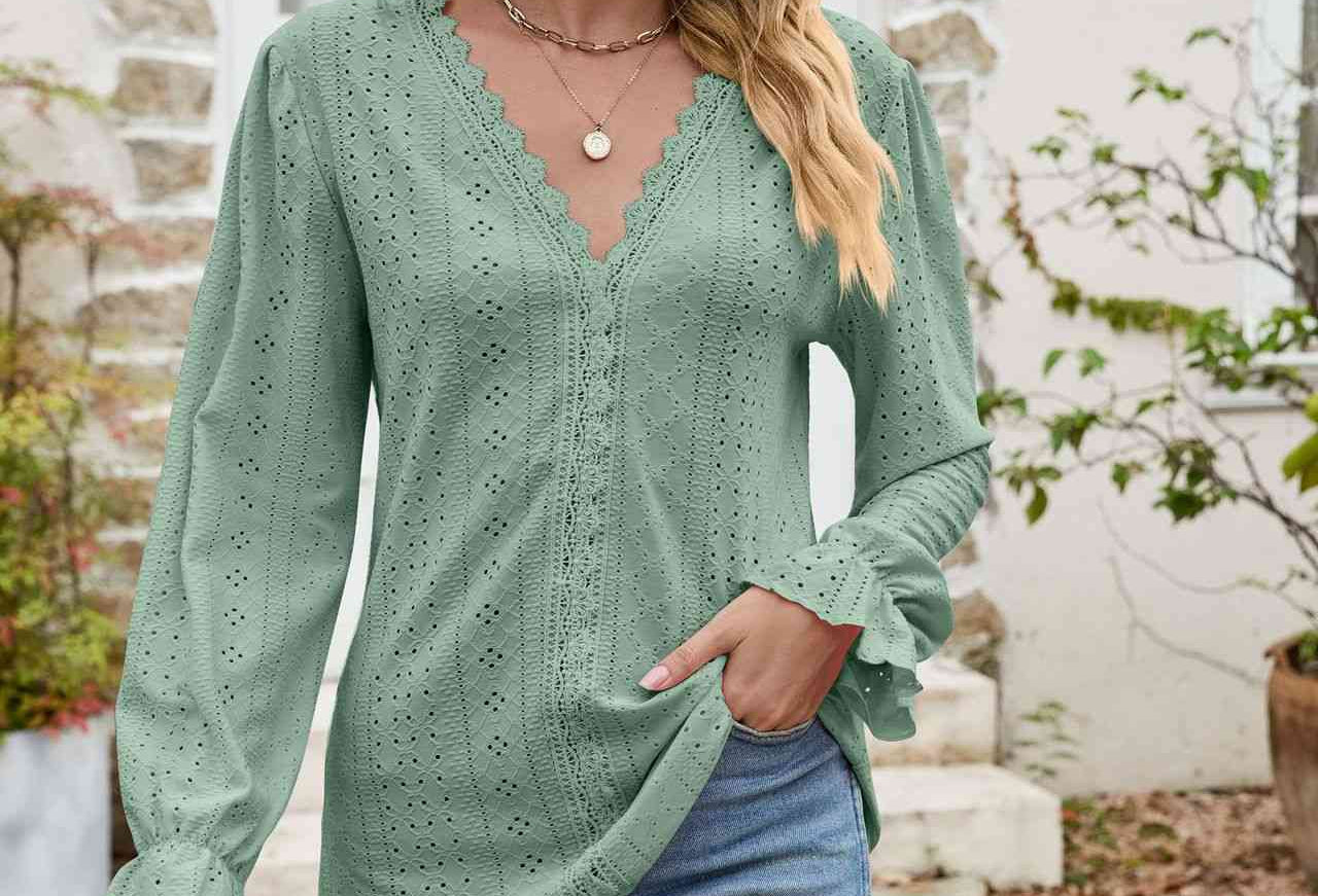 Eyelet Lace Trim Flounce Sleeve Blouse