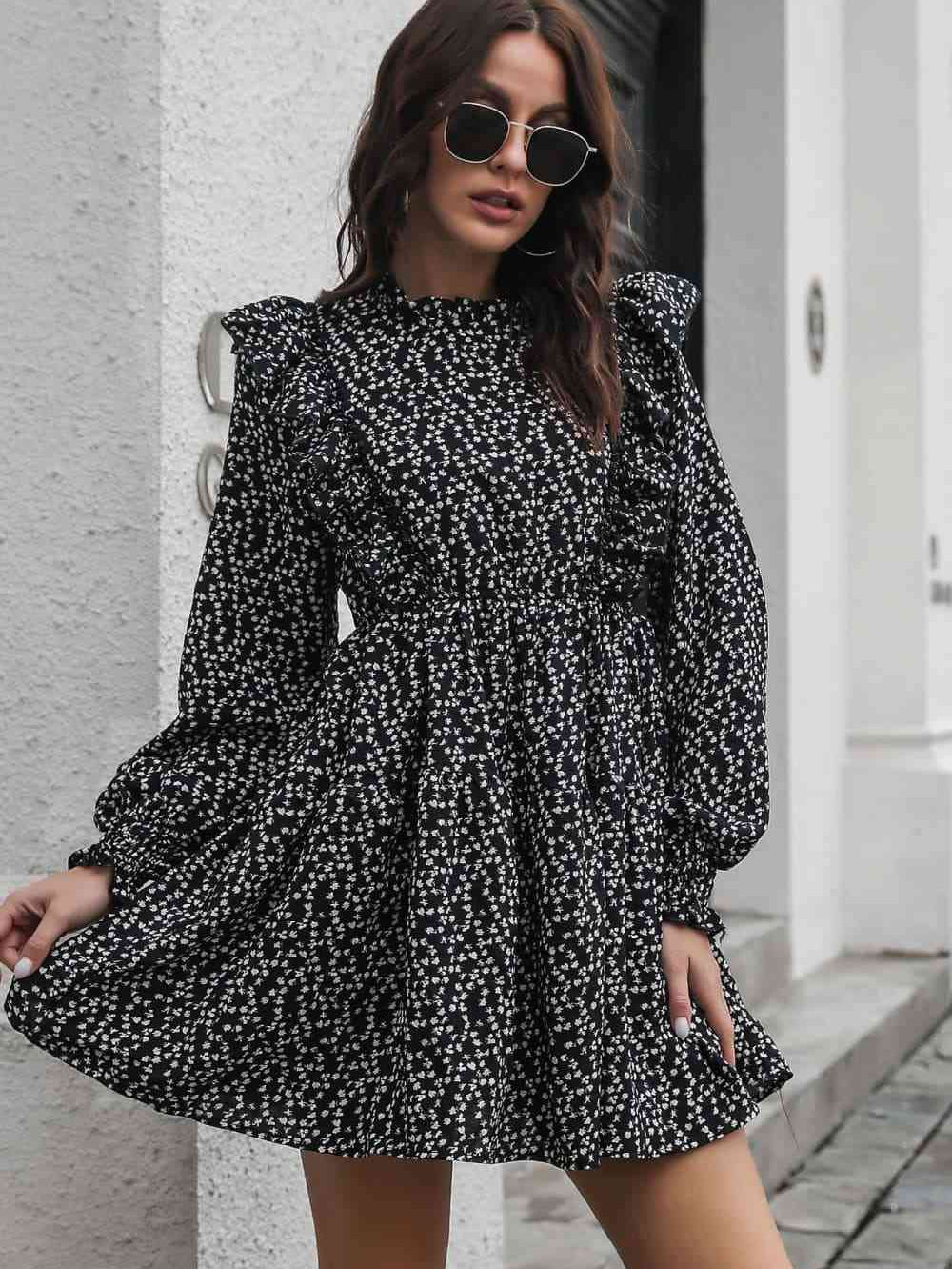 Printed Ruffle Trim Smocked Long Sleeve Mini Dress