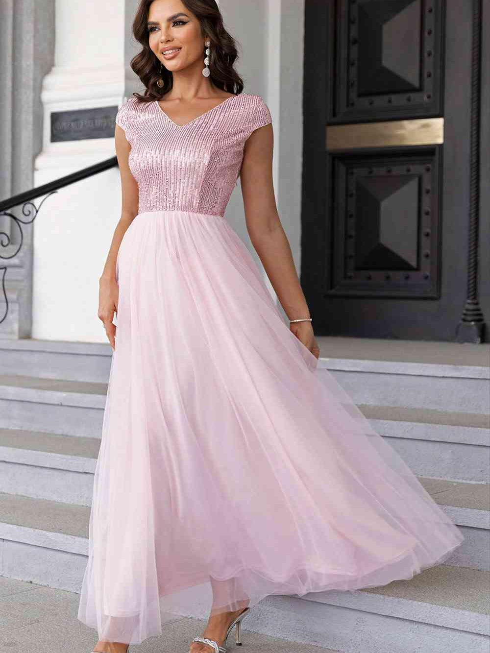 Sequin V-Neck Mesh Maxi Dress