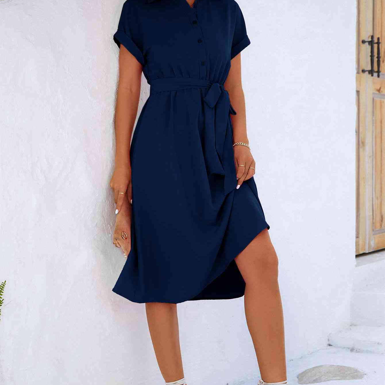 Cuffed Short Sleeve Belted Shirt Dress - Stormyjay