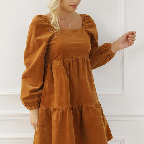 Square Neck Long Sleeve Tiered Dress