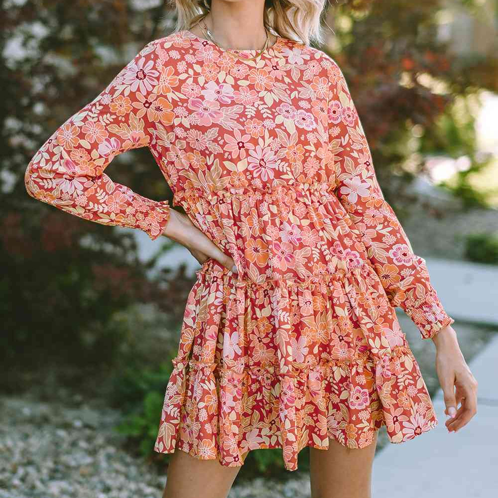 Floral Print Round Neck Long Sleeve Tiered Dress