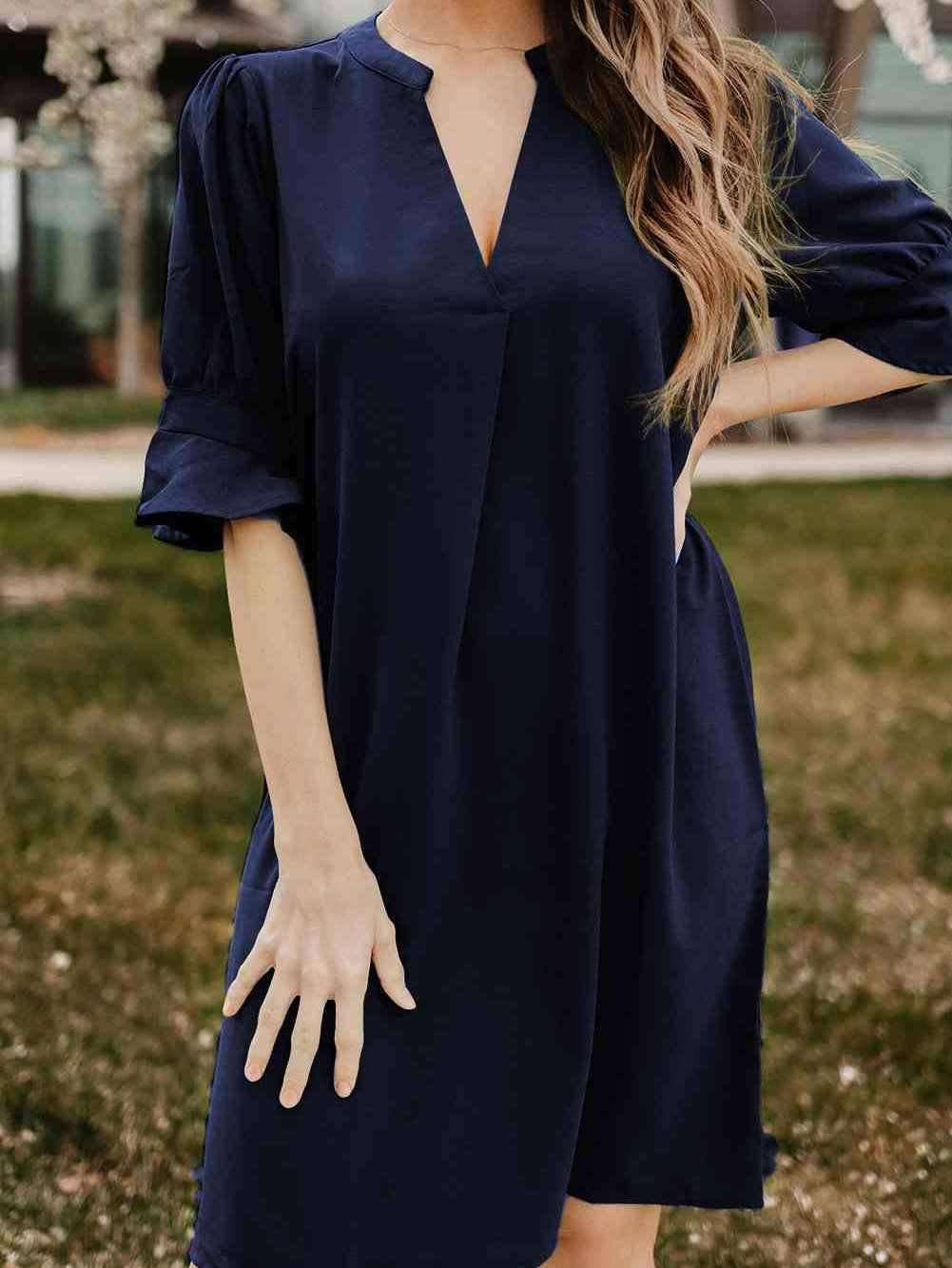Puff Sleeve Notched Mini Shift Dress - Stormyjay