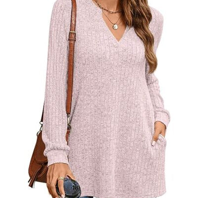 Slit Notched Pocketed Long Sleeve T-Shirt