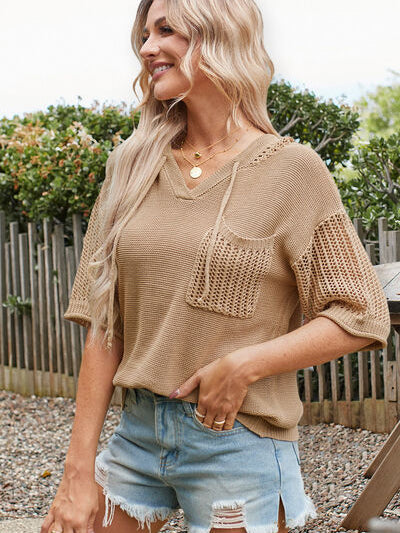 Openwork Drawstring Hooded Half Sleeve Knit Top - Stormyjay