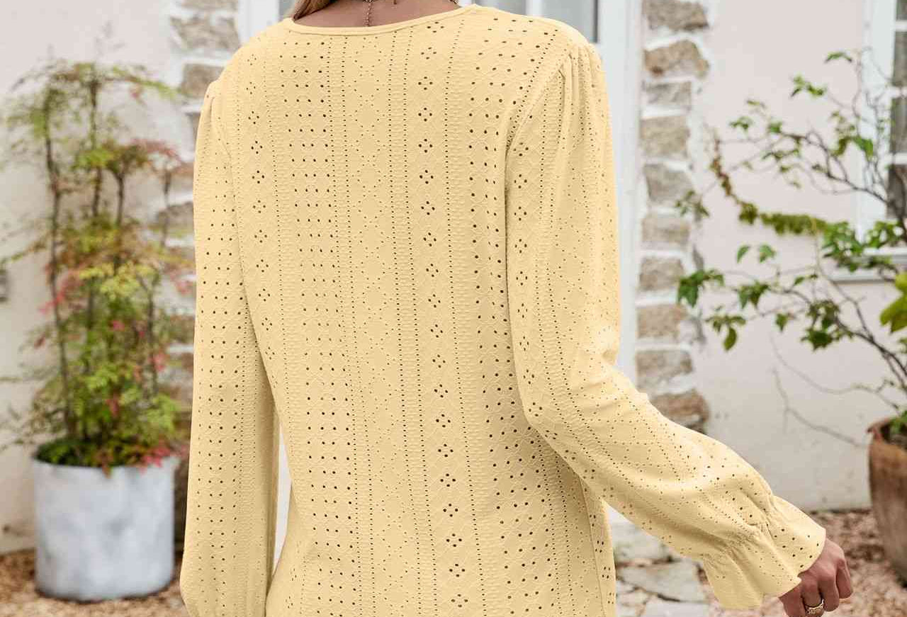 Eyelet Lace Trim Flounce Sleeve Blouse