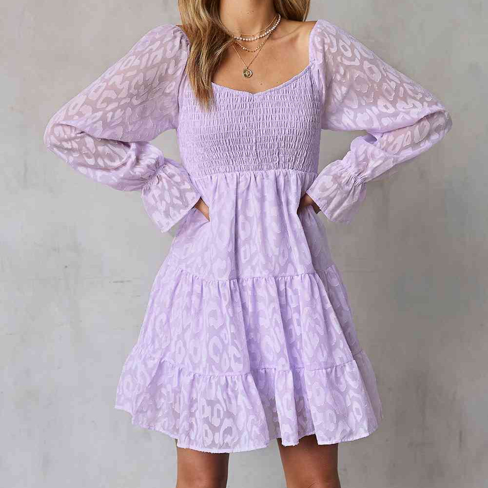 Leopard Applique Flounce Sleeve Smocked Tiered Dress - Stormyjay