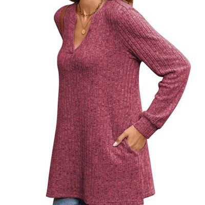 Slit Notched Pocketed Long Sleeve T-Shirt