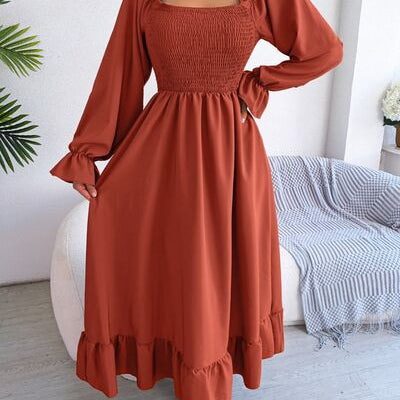 Smocked Square Neck Flounce Sleeve Dress