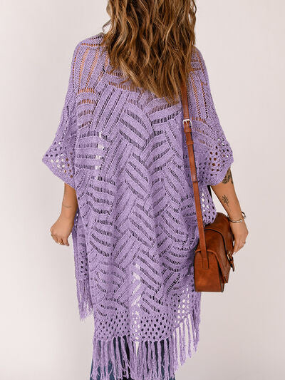 Openwork Open Front Cardigan with Fringes - Stormyjay