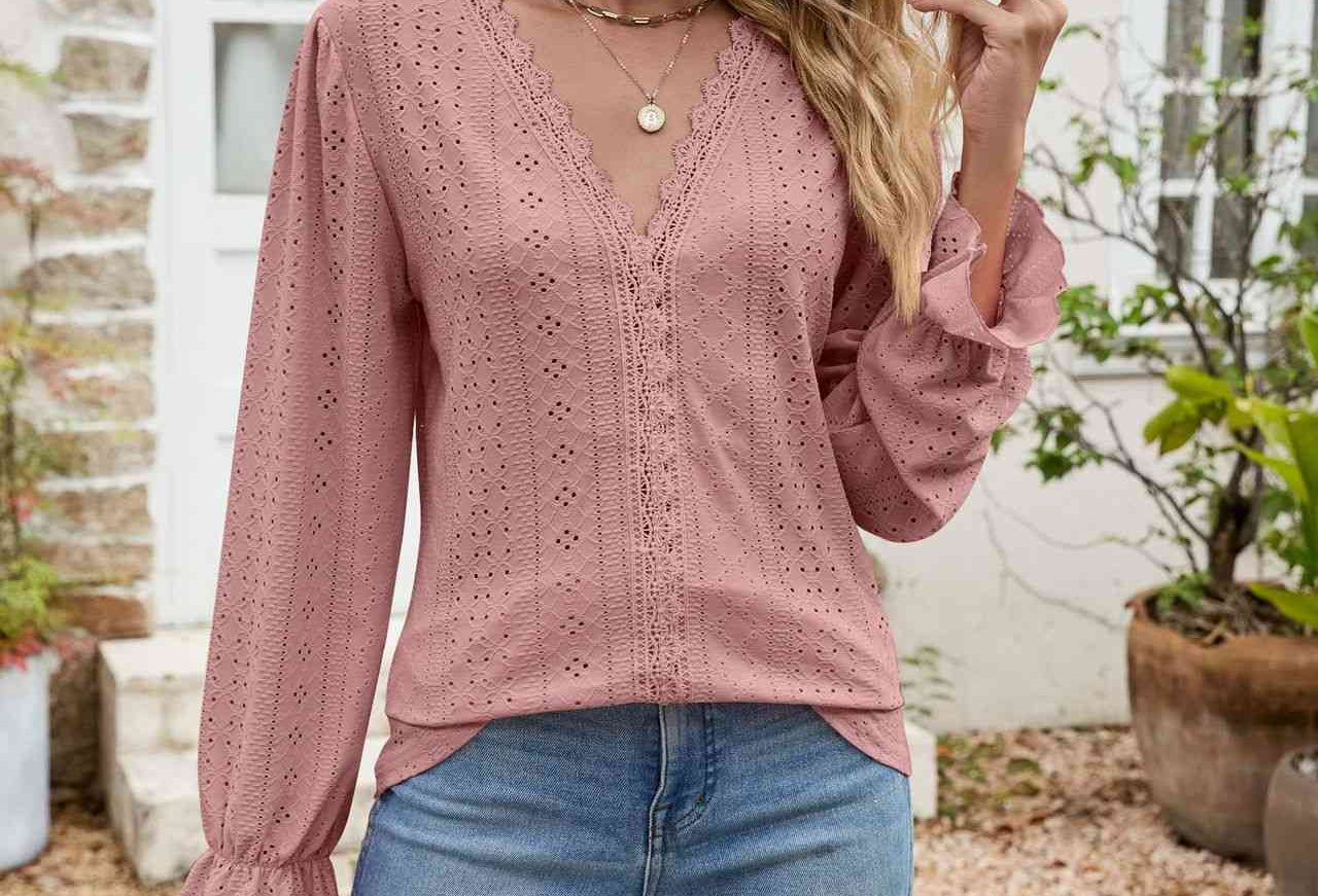 Eyelet Lace Trim Flounce Sleeve Blouse