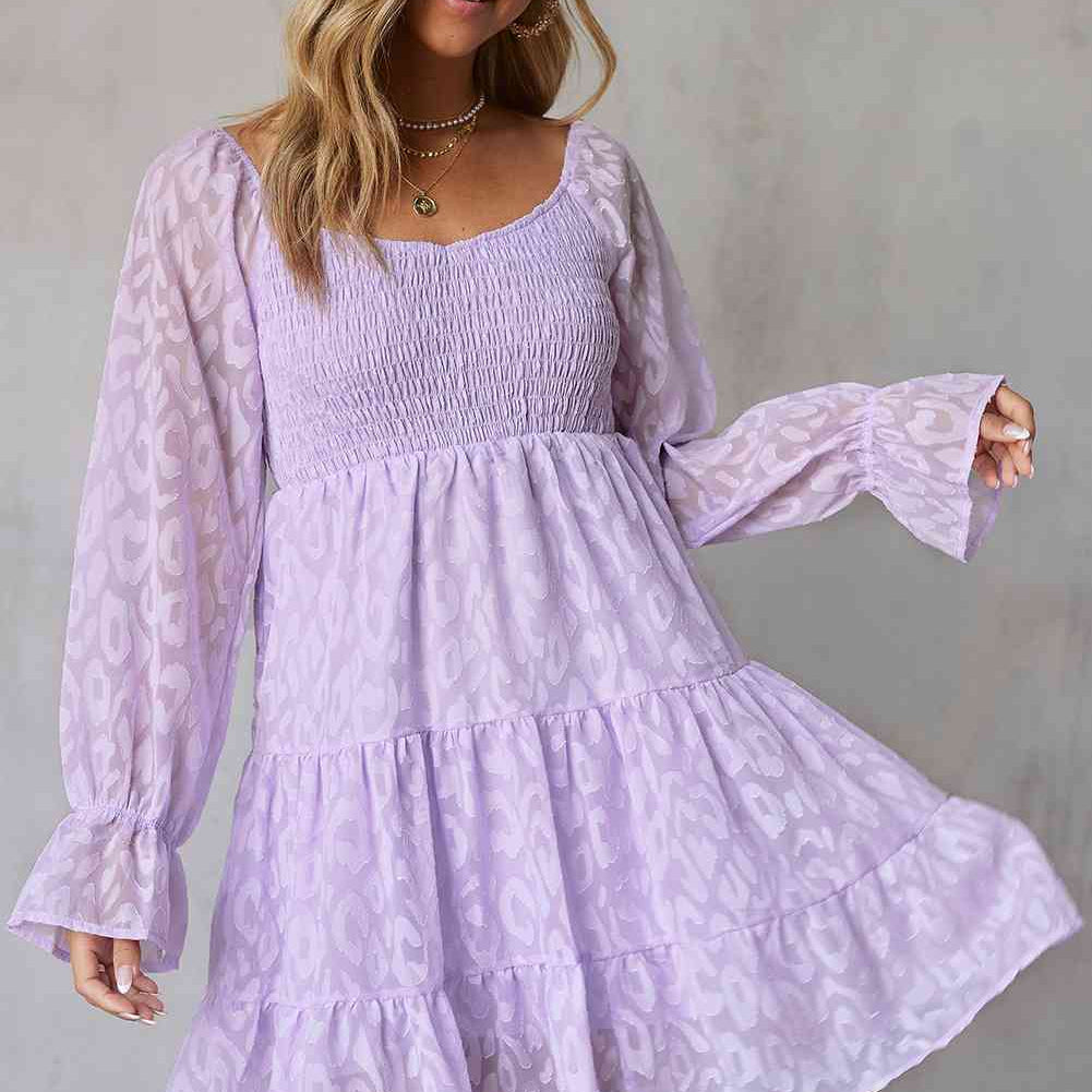 Leopard Applique Flounce Sleeve Smocked Tiered Dress - Stormyjay