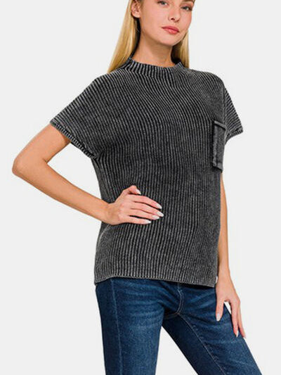 Zenana Pocketed Mock Neck Short Sleeve Sweater - Stormyjay