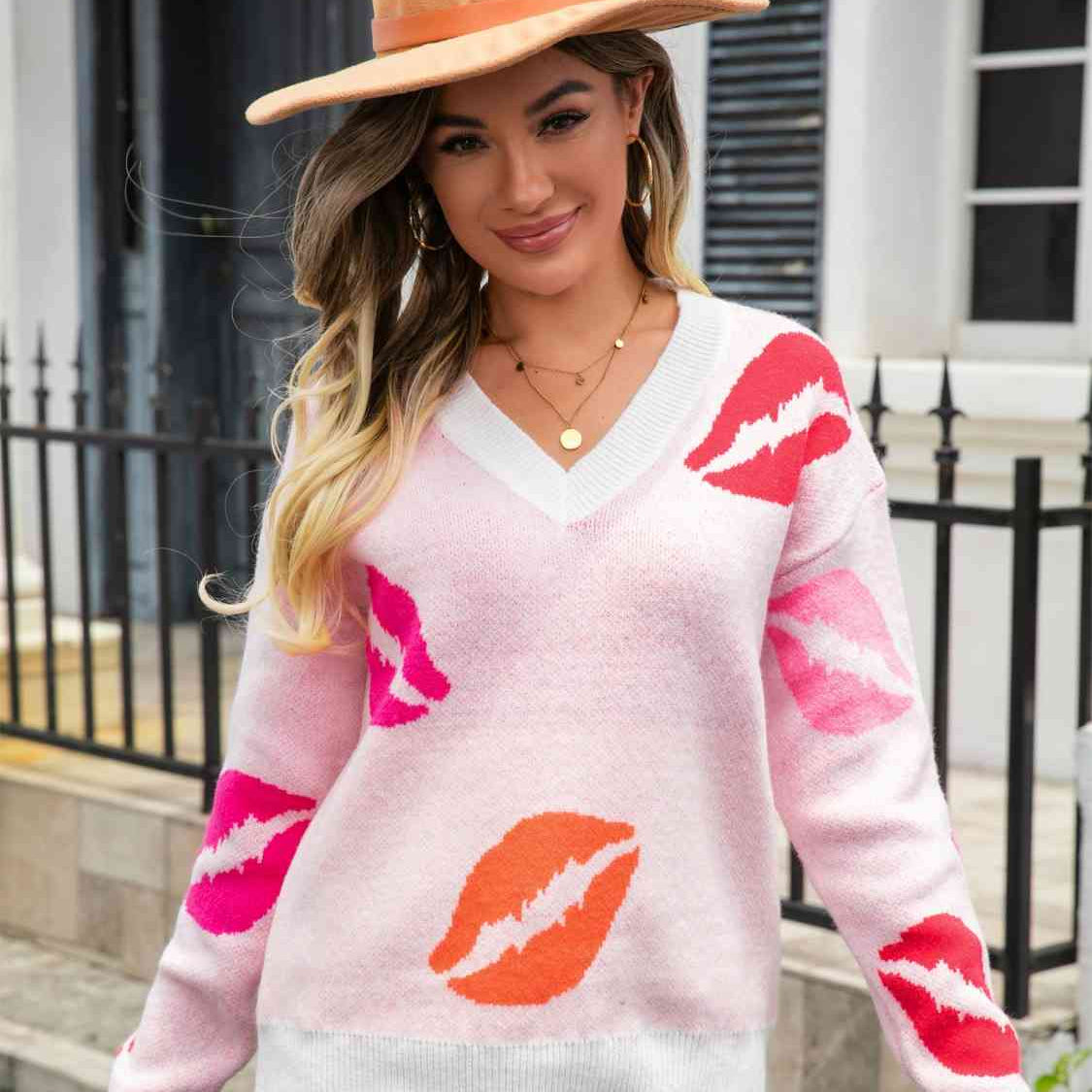 Lip V-Neck Drop Shoulder Sweater