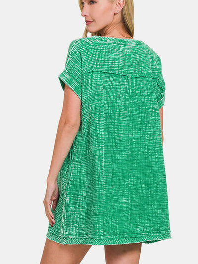 Zenana Washed Notched Short Sleeve Mini Dress - Stormyjay