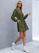 Drawstring Round Neck Dropped Shoulder Mini Dress - Stormyjay