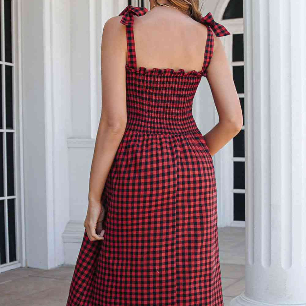 Plaid Frill Trim Tie Shoulder Dress - Stormyjay
