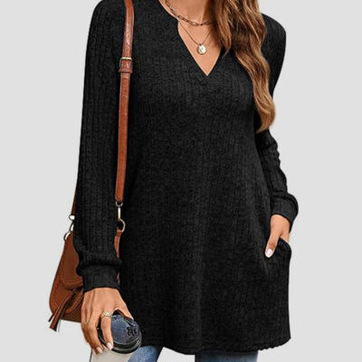 Slit Notched Pocketed Long Sleeve T-Shirt