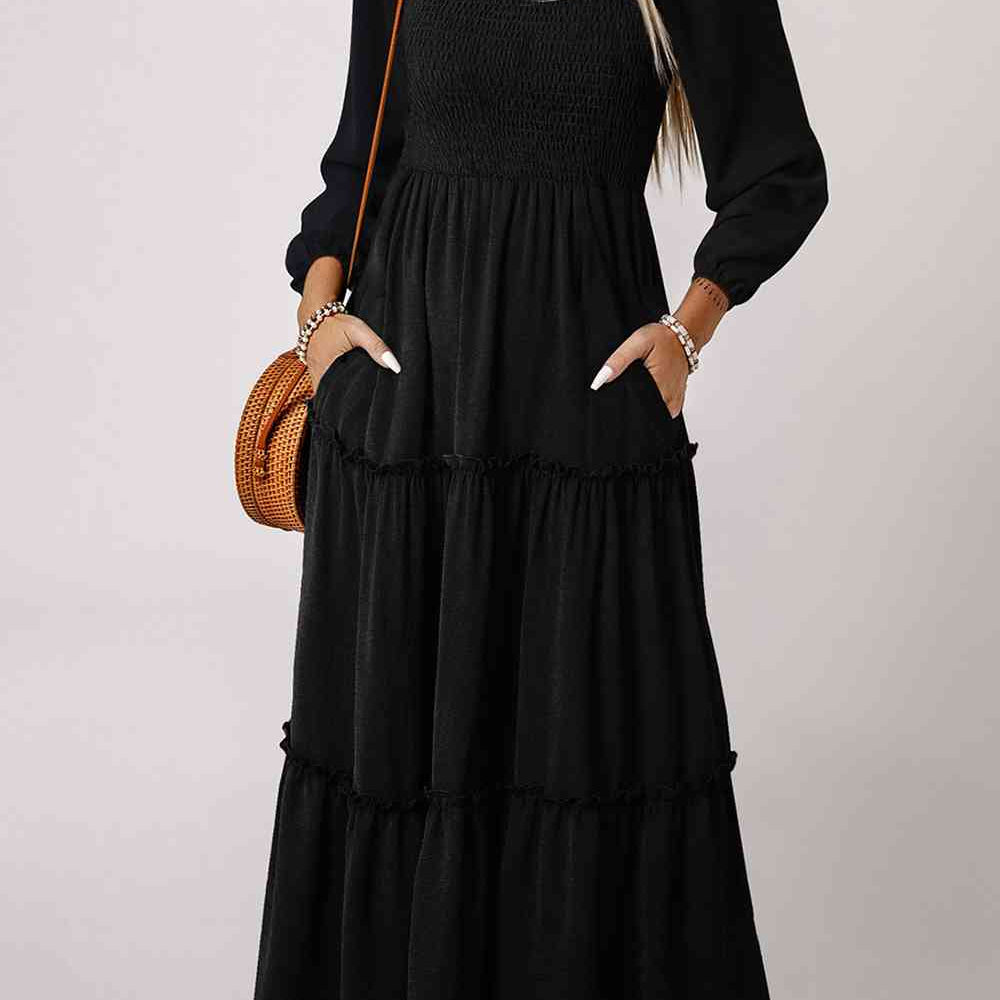Square Neck Long Sleeve Tiered Dress