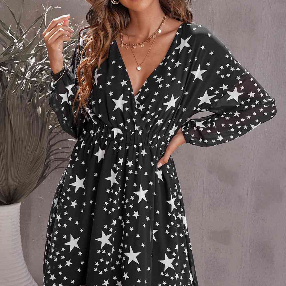 Star Print Dropped Shoulder Surplice Dress - Stormyjay