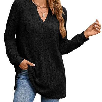 Slit Notched Pocketed Long Sleeve T-Shirt