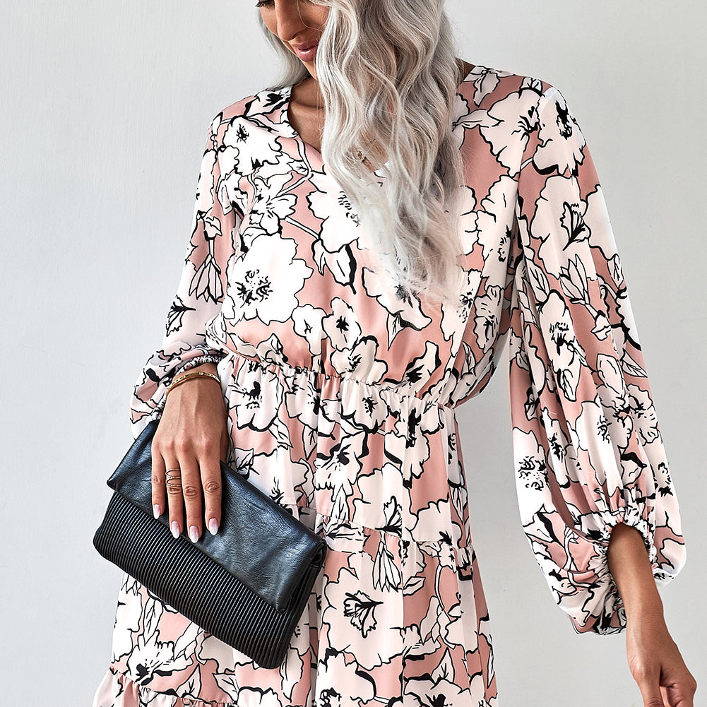 Floral Balloon Sleeve Ruffle Hem Dress - Stormyjay