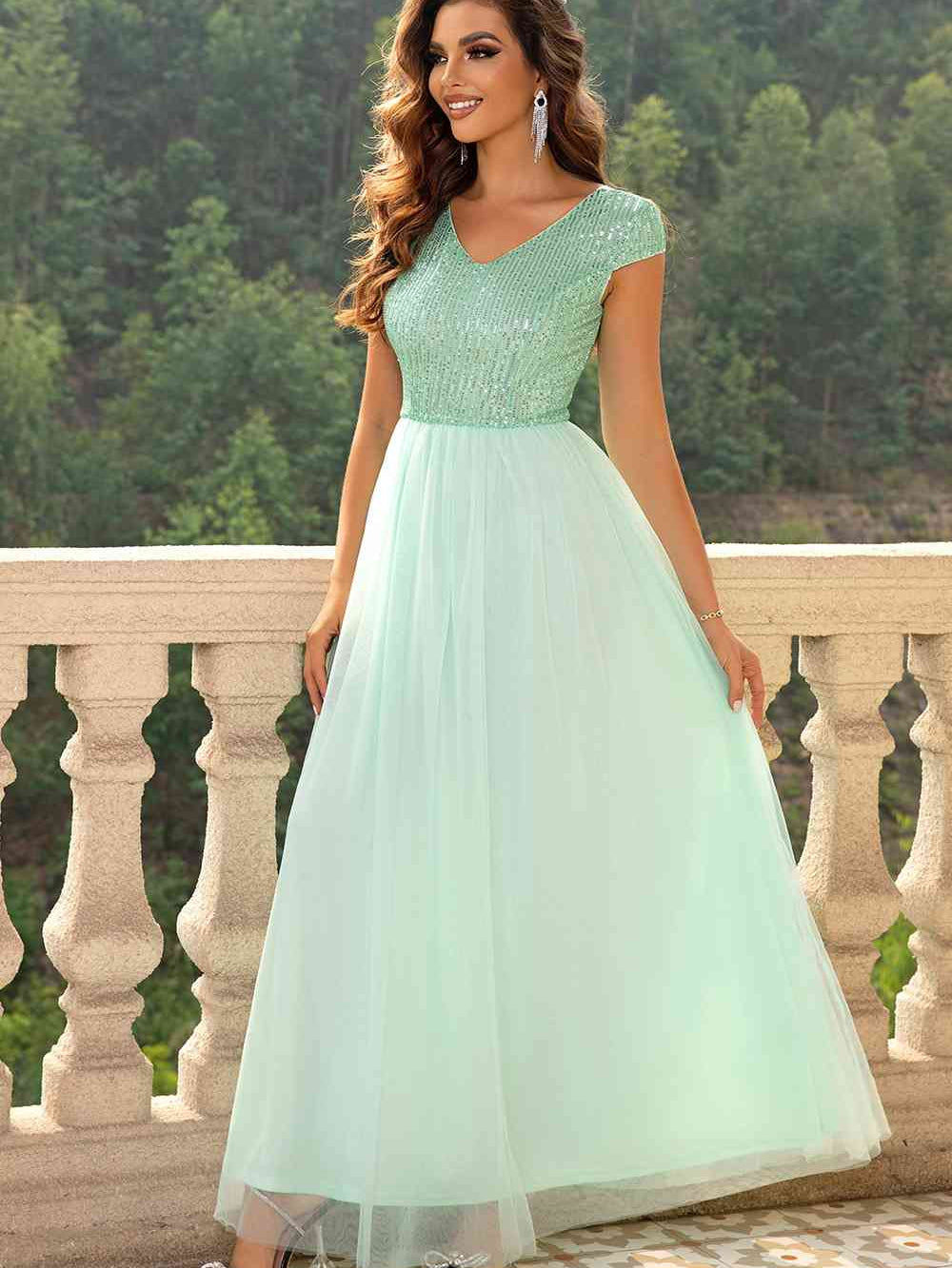 Sequin V-Neck Mesh Maxi Dress