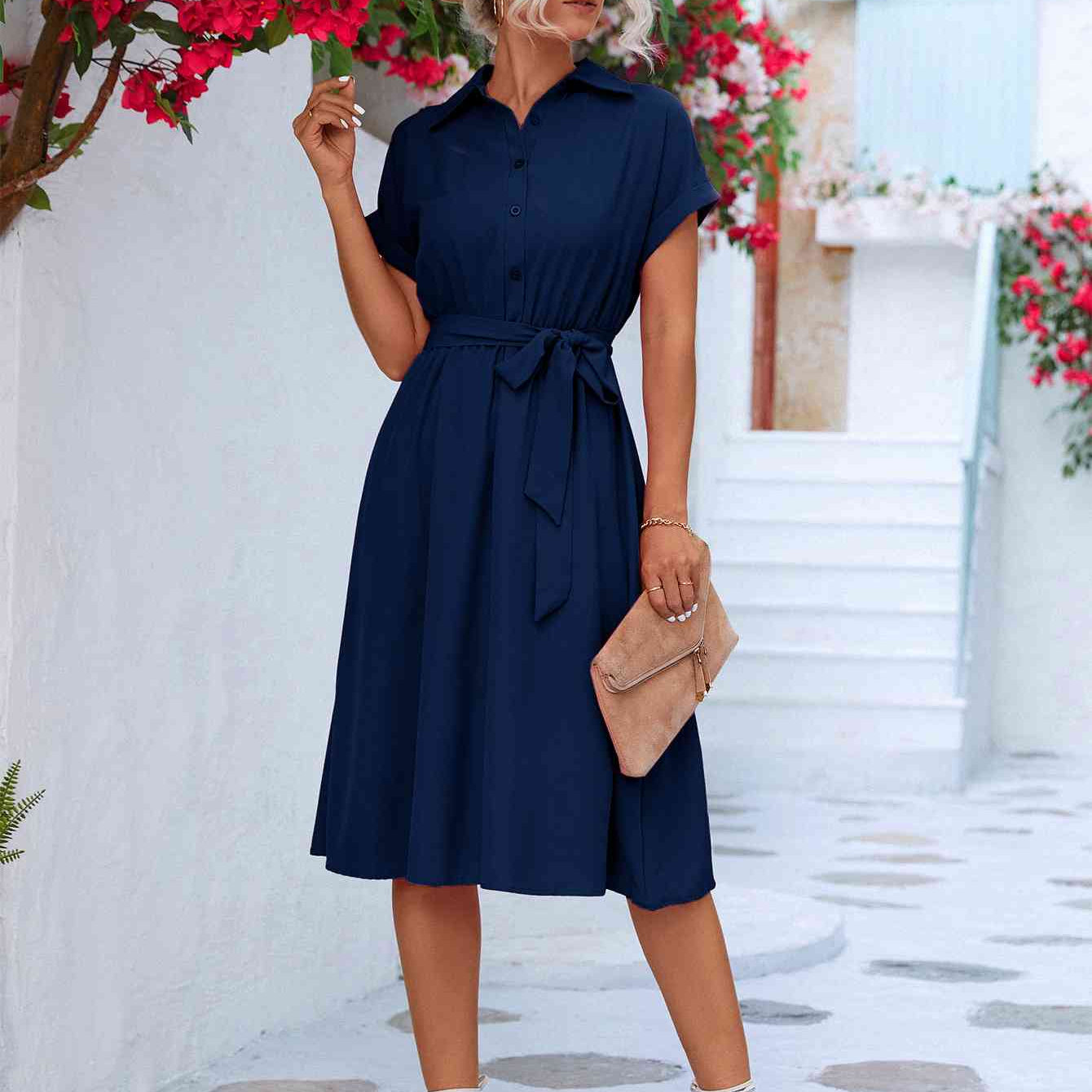 Cuffed Short Sleeve Belted Shirt Dress - Stormyjay