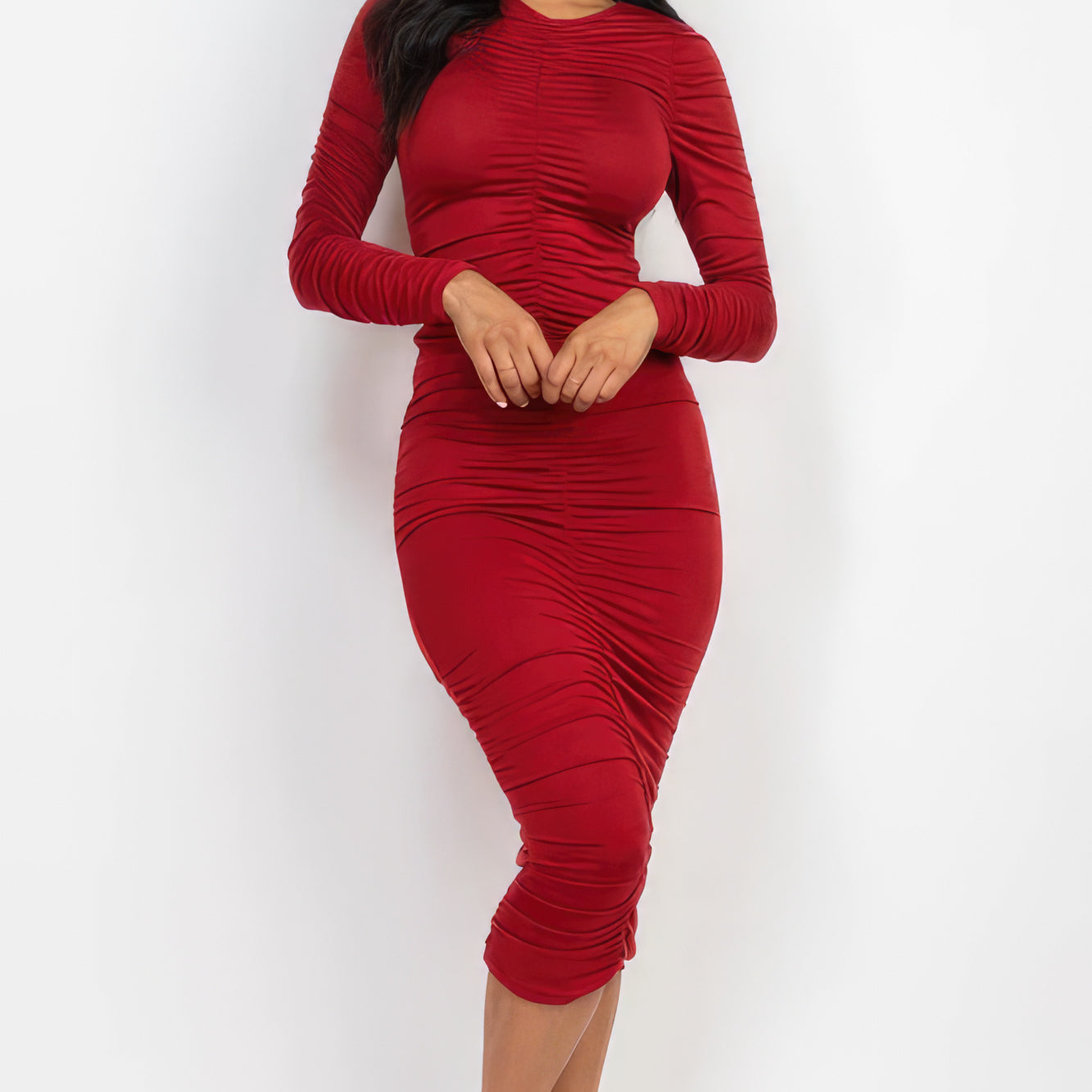 Ruched Long Sleeve Midi Dress - Stormyjay