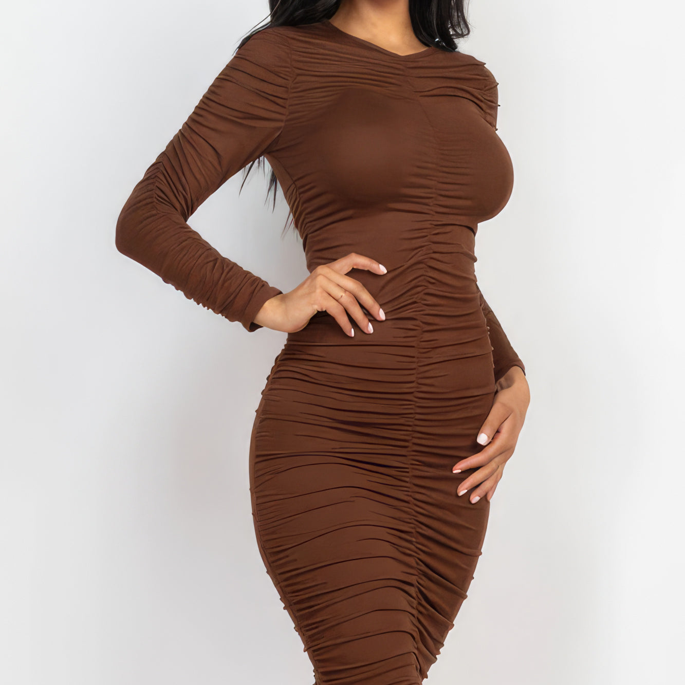 Ruched Long Sleeve Midi Dress - Stormyjay