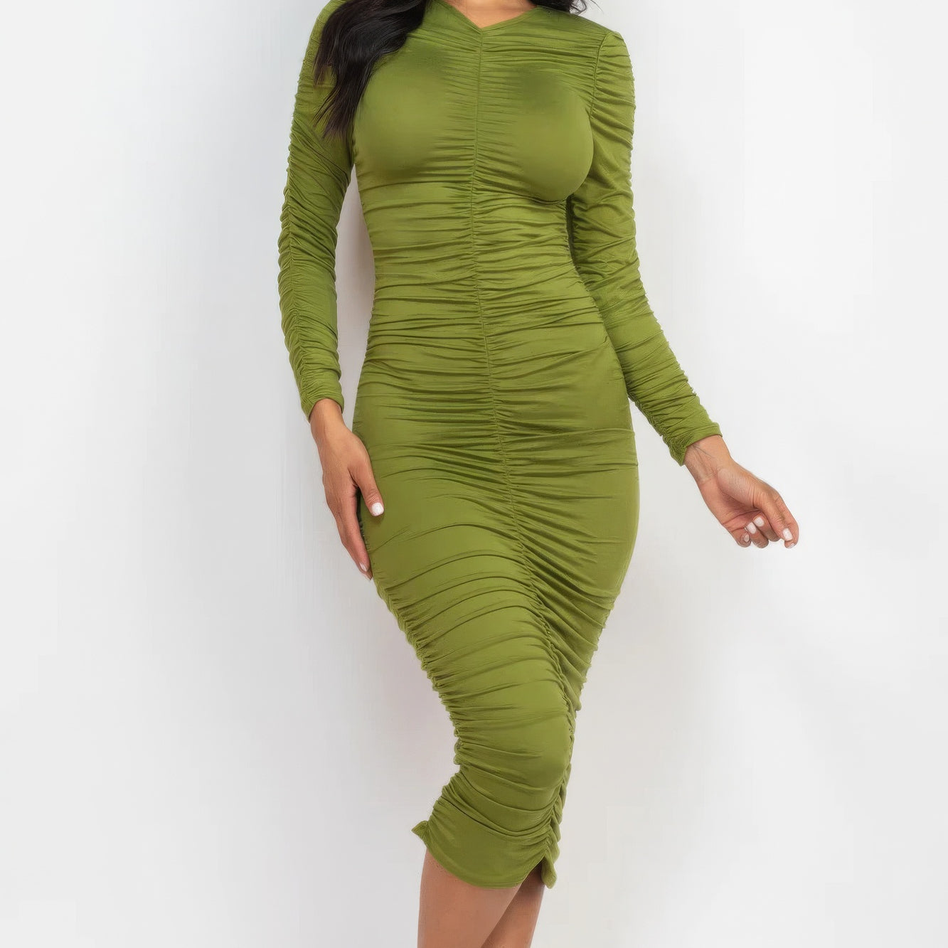 Ruched Long Sleeve Midi Dress - Stormyjay