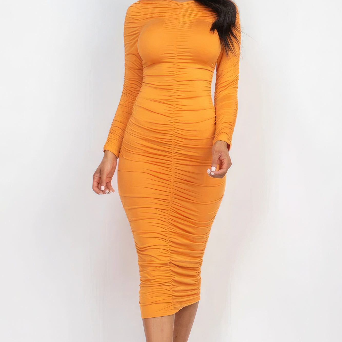 Ruched Long Sleeve Midi Dress - Stormyjay